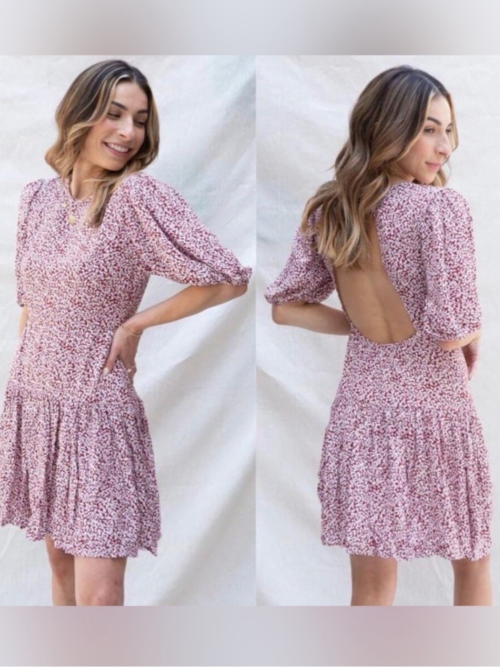 Free People Dancing In The Dark Ditsy Floral back cutout Mini Dress Pink Boho S